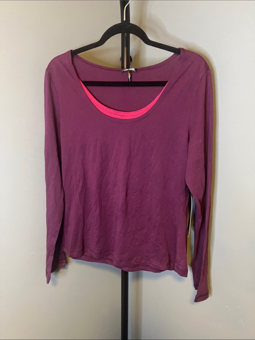 Daisy Fuentes Plum Long Sleeve Scoop Neck Top with Pink Trim